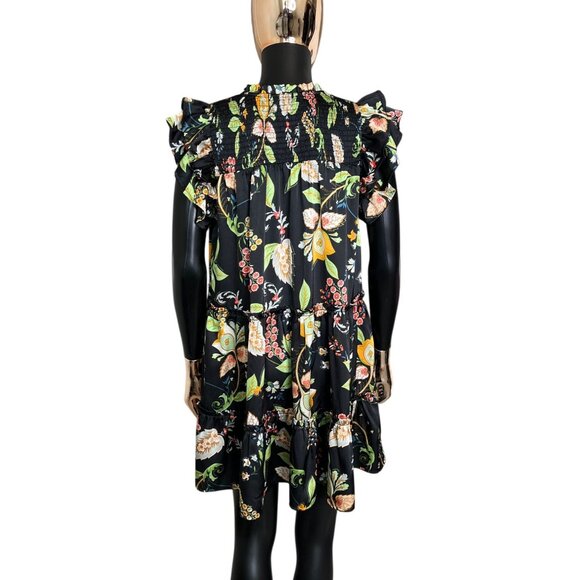 GiGiO USA Black Floral Ruffle Mini Dress Tiered Babydoll Sateen Fabric Small - Picture 6 of 11